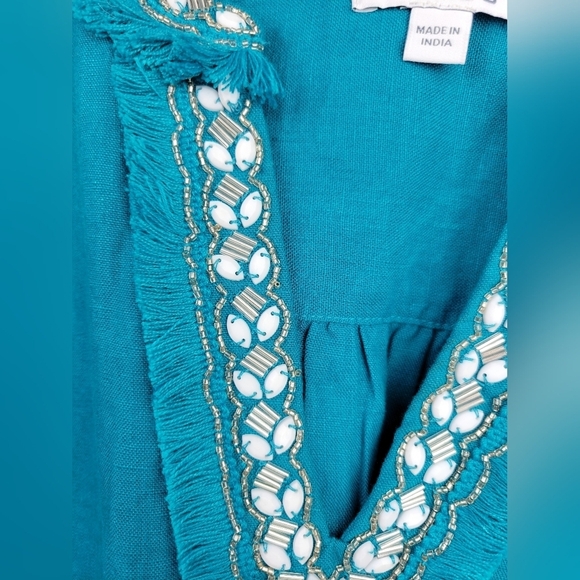 Chico's Women's Ecru 100% Linen Embellished Cap Sleeve Dress Sz 10 - Picture 9 of 15